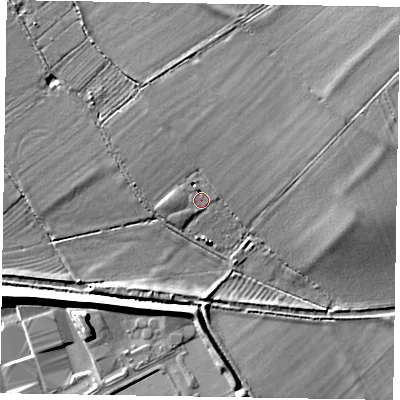 Shaded relief map of the ground around HP225JA, computed from Environment Agency LiDAR. The ground here sits at about 86 m above sea level and falls 9 m across the surrounding 800 m. Surface water reaching this point runs off ground lying to the west, 2.9 m higher.