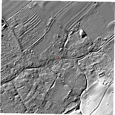Shaded relief map of the ground around HP225RF, computed from Environment Agency LiDAR. The ground here sits at about 95 m above sea level and falls 15 m across the surrounding 800 m. Surface water reaching this point runs off ground lying to the south-east, 11.7 m higher.