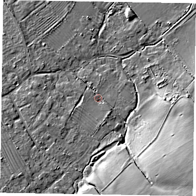 Shaded relief map of the ground around HP225RG, computed from Environment Agency LiDAR. The ground here sits at about 96 m above sea level and falls 17 m across the surrounding 800 m. Surface water reaching this point runs off ground lying to the south-east, 15.1 m higher.