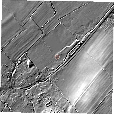 Shaded relief map of the ground around HP225RN, computed from Environment Agency LiDAR. The ground here sits at about 93 m above sea level and falls 17 m across the surrounding 800 m. Surface water reaching this point runs off ground lying to the south-east, 14.4 m higher.