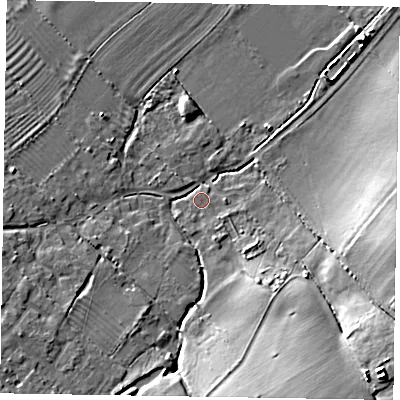 Shaded relief map of the ground around HP225RQ, computed from Environment Agency LiDAR. The ground here sits at about 95 m above sea level and falls 19 m across the surrounding 800 m. Surface water reaching this point runs off ground lying to the south-east, 7.4 m higher.