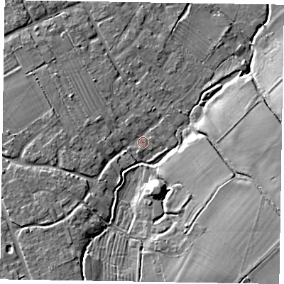 Shaded relief map of the ground around HP225SJ, computed from Environment Agency LiDAR. The ground here sits at about 99 m above sea level and falls 18 m across the surrounding 800 m. Surface water reaching this point runs off ground lying to the west, 2.3 m higher.