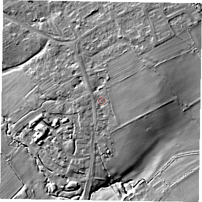 Shaded relief map of the ground around HP225UP, computed from Environment Agency LiDAR. The ground here sits at about 102 m above sea level and falls 14 m across the surrounding 800 m. Surface water reaching this point runs off ground lying to the south-east, 1.2 m higher.