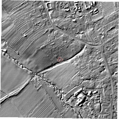 Shaded relief map of the ground around HP225UZ, computed from Environment Agency LiDAR. The ground here sits at about 97 m above sea level and falls 14 m across the surrounding 800 m. Surface water reaching this point runs off ground lying to the north-east, 4.7 m higher.