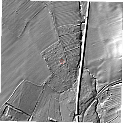 Shaded relief map of the ground around HP225XS, computed from Environment Agency LiDAR. The ground here sits at about 97 m above sea level and falls 21 m across the surrounding 800 m. Surface water reaching this point runs off ground lying to the west-south-west, 2.4 m higher.