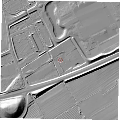 Shaded relief map of the ground around HP225XX, computed from Environment Agency LiDAR. The ground here sits at about 87 m above sea level and falls 19 m across the surrounding 800 m. Surface water reaching this point runs off ground lying to the east-south-east, 2.8 m higher.