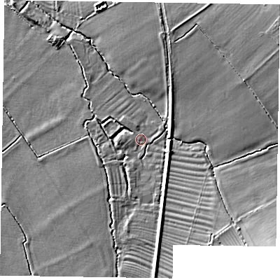 Shaded relief map of the ground around HP225YA, computed from Environment Agency LiDAR. The ground here sits at about 87 m above sea level and falls 12 m across the surrounding 800 m. Surface water reaching this point runs off ground lying to the south-east, 8.8 m higher.