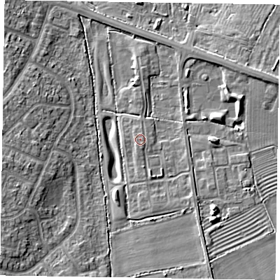 Shaded relief map of the ground around HP225YQ, computed from Environment Agency LiDAR. The ground here sits at about 86 m above sea level and falls 8 m across the surrounding 800 m. Surface water reaching this point runs off ground lying to the south-south-east, 0.7 m higher.