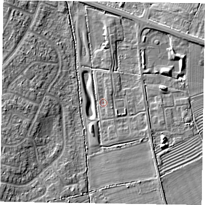 Shaded relief map of the ground around HP225ZG, computed from Environment Agency LiDAR. The ground here sits at about 85 m above sea level and falls 8 m across the surrounding 800 m. Surface water reaching this point runs off ground lying to the east-south-east, 1.7 m higher.