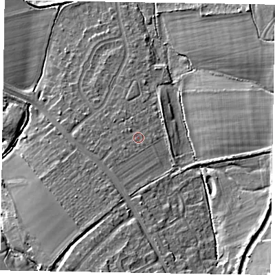 Shaded relief map of the ground around HP226AE, computed from Environment Agency LiDAR. The ground here sits at about 115 m above sea level and falls 16 m across the surrounding 800 m. Surface water reaching this point runs off ground lying to the south-west, 1.7 m higher.