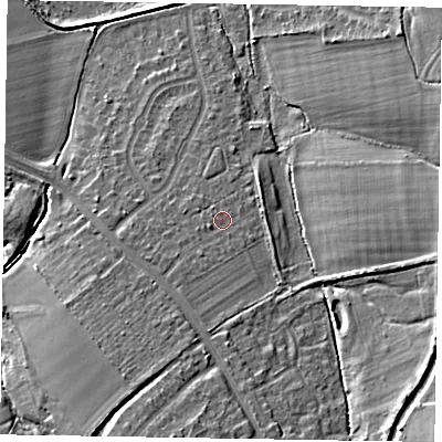 Shaded relief map of the ground around HP226AF, computed from Environment Agency LiDAR. The ground here sits at about 115 m above sea level and falls 14 m across the surrounding 800 m. Surface water reaching this point runs off ground lying to the south-west, 1.8 m higher.