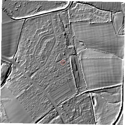 Shaded relief map of the ground around HP226AH, computed from Environment Agency LiDAR. The ground here sits at about 114 m above sea level and falls 13 m across the surrounding 800 m. Surface water reaching this point runs off ground lying to the south-south-west, 1.5 m higher.