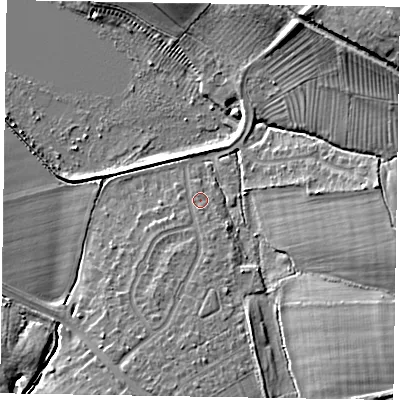 Shaded relief map of the ground around HP226AL, computed from Environment Agency LiDAR. The ground here sits at about 111 m above sea level and falls 15 m across the surrounding 800 m. Surface water reaching this point runs off ground lying to the south-south-west, 4.9 m higher.