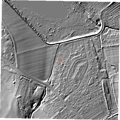Shaded relief map of the ground around HP226AR, computed from Environment Agency LiDAR. The ground here sits at about 111 m above sea level and falls 10 m across the surrounding 800 m. Surface water reaching this point runs off ground lying to the south, 4.4 m higher.