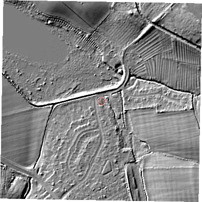 Shaded relief map of the ground around HP226AU, computed from Environment Agency LiDAR. The ground here sits at about 111 m above sea level and falls 15 m across the surrounding 800 m. Surface water reaching this point runs off ground lying to the north-east, 10.2 m higher.