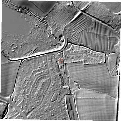Shaded relief map of the ground around HP226AY, computed from Environment Agency LiDAR. The ground here sits at about 111 m above sea level and falls 15 m across the surrounding 800 m. Surface water reaching this point runs off ground lying to the south-east, 10.0 m higher.