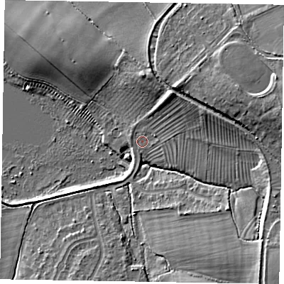 Shaded relief map of the ground around HP226AZ, computed from Environment Agency LiDAR. The ground here sits at about 113 m above sea level and falls 16 m across the surrounding 800 m. Surface water reaching this point runs off ground lying to the north-east, 7.6 m higher.