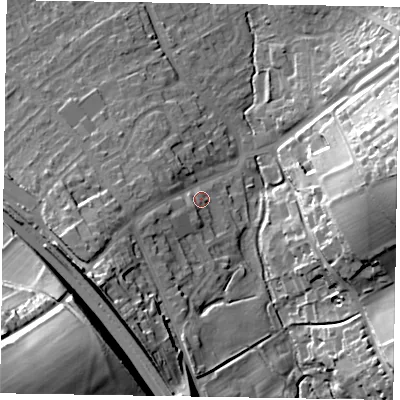 Shaded relief map of the ground around HP226DU, computed from Environment Agency LiDAR. The ground here sits at about 127 m above sea level and falls 40 m across the surrounding 800 m. Surface water reaching this point runs off ground lying to the south-west, 3.1 m higher.