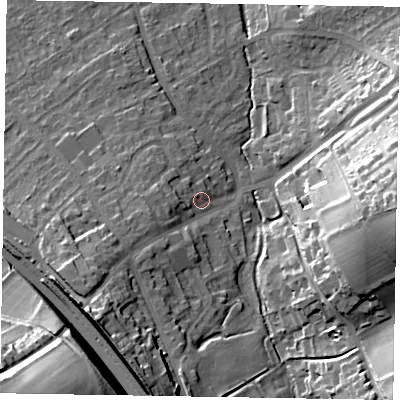 Shaded relief map of the ground around HP226EB, computed from Environment Agency LiDAR. The ground here sits at about 125 m above sea level and falls 36 m across the surrounding 800 m. Surface water reaching this point runs off ground lying to the west-south-west, 5.1 m higher.