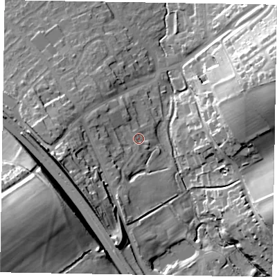 Shaded relief map of the ground around HP226EG, computed from Environment Agency LiDAR. The ground here sits at about 127 m above sea level and falls 39 m across the surrounding 800 m. Surface water reaching this point runs off ground lying to the south-west, 4.6 m higher.