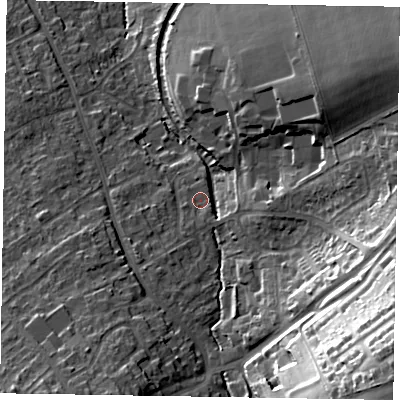 Shaded relief map of the ground around HP226EZ, computed from Environment Agency LiDAR. The ground here sits at about 121 m above sea level and falls 38 m across the surrounding 800 m. Surface water reaching this point runs off ground lying to the south-east, 34.5 m higher.