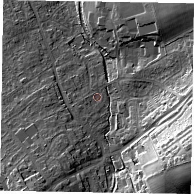 Shaded relief map of the ground around HP226HB, computed from Environment Agency LiDAR. The ground here sits at about 122 m above sea level and falls 36 m across the surrounding 800 m. Surface water reaching this point runs off ground lying to the south-west, 2.1 m higher.