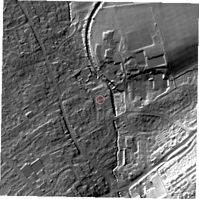 Shaded relief map of the ground around HP226HE, computed from Environment Agency LiDAR. The ground here sits at about 121 m above sea level and falls 38 m across the surrounding 800 m. Surface water reaching this point runs off ground lying to the south-south-west, 3.5 m higher.