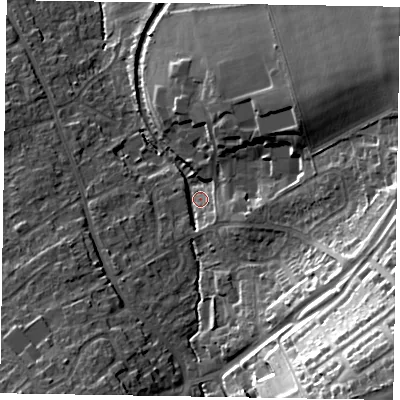 Shaded relief map of the ground around HP226HF, computed from Environment Agency LiDAR. The ground here sits at about 120 m above sea level and falls 40 m across the surrounding 800 m. Surface water reaching this point runs off ground lying to the south-east, 36.2 m higher.