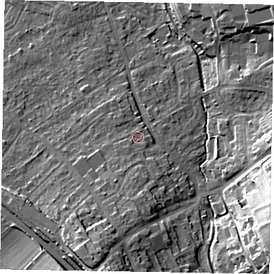 Shaded relief map of the ground around HP226JG, computed from Environment Agency LiDAR. The ground here sits at about 124 m above sea level and falls 25 m across the surrounding 800 m. Surface water reaching this point runs off ground lying to the south-south-west, 3.0 m higher.