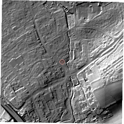 Shaded relief map of the ground around HP226JQ, computed from Environment Agency LiDAR. The ground here sits at about 123 m above sea level and falls 36 m across the surrounding 800 m. Surface water reaching this point runs off ground lying to the south-west, 7.9 m higher.