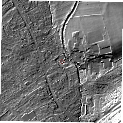 Shaded relief map of the ground around HP226JW, computed from Environment Agency LiDAR. The ground here sits at about 119 m above sea level and falls 31 m across the surrounding 800 m. Surface water reaching this point runs off ground lying to the south-west, 2.7 m higher.