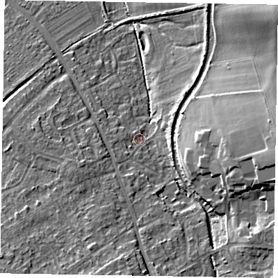 Shaded relief map of the ground around HP226JY, computed from Environment Agency LiDAR. The ground here sits at about 118 m above sea level and falls 16 m across the surrounding 800 m. Surface water reaching this point runs off ground lying to the south, 7.3 m higher.