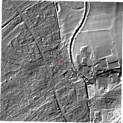 Shaded relief map of the ground around HP226JZ, computed from Environment Agency LiDAR. The ground here sits at about 118 m above sea level and falls 17 m across the surrounding 800 m. Surface water reaching this point runs off ground lying to the east, 13.4 m higher.