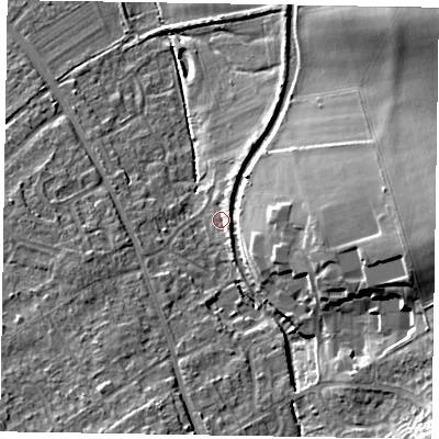 Shaded relief map of the ground around HP226LA, computed from Environment Agency LiDAR. The ground here sits at about 118 m above sea level and falls 18 m across the surrounding 800 m. Surface water reaching this point runs off ground lying to the east, 6.0 m higher.