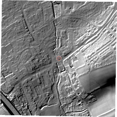 Shaded relief map of the ground around HP226ND, computed from Environment Agency LiDAR. The ground here sits at about 123 m above sea level and falls 37 m across the surrounding 800 m. Surface water reaching this point runs off ground lying to the east, 34.6 m higher.