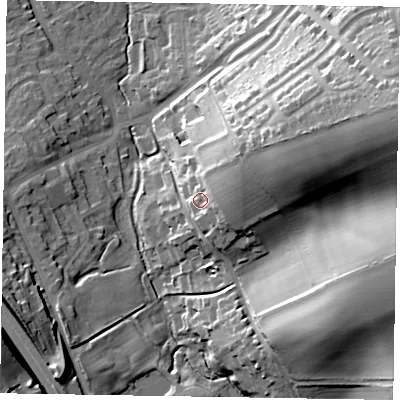 Shaded relief map of the ground around HP226NE, computed from Environment Agency LiDAR. The ground here sits at about 136 m above sea level and falls 39 m across the surrounding 800 m. Surface water reaching this point runs off ground lying to the east-north-east, 15.4 m higher.