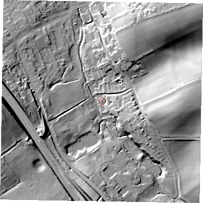 Shaded relief map of the ground around HP226NN, computed from Environment Agency LiDAR. The ground here sits at about 127 m above sea level and falls 37 m across the surrounding 800 m. Surface water reaching this point runs off ground lying to the east, 27.1 m higher.
