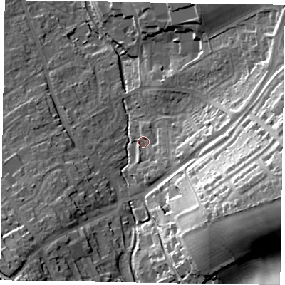 Shaded relief map of the ground around HP226NP, computed from Environment Agency LiDAR. The ground here sits at about 123 m above sea level and falls 39 m across the surrounding 800 m. Surface water reaching this point runs off ground lying to the east-south-east, 34.2 m higher.
