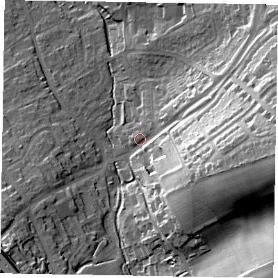 Shaded relief map of the ground around HP226NR, computed from Environment Agency LiDAR. The ground here sits at about 125 m above sea level and falls 40 m across the surrounding 800 m. Surface water reaching this point runs off ground lying to the east-south-east, 15.1 m higher.