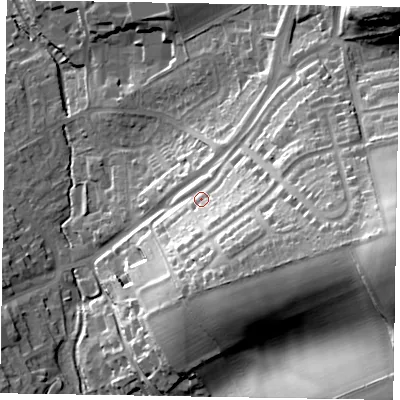 Shaded relief map of the ground around HP226NT, computed from Environment Agency LiDAR. The ground here sits at about 138 m above sea level and falls 47 m across the surrounding 800 m. Surface water reaching this point runs off ground lying to the east-south-east, 17.5 m higher.