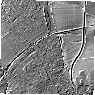 Shaded relief map of the ground around HP226RS, computed from Environment Agency LiDAR. The ground here sits at about 116 m above sea level and falls 17 m across the surrounding 800 m. Surface water reaching this point runs off ground lying to the south-west, 2.3 m higher.