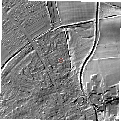 Shaded relief map of the ground around HP226RT, computed from Environment Agency LiDAR. The ground here sits at about 117 m above sea level and falls 16 m across the surrounding 800 m. Surface water reaching this point runs off ground lying to the south-south-west, 6.7 m higher.