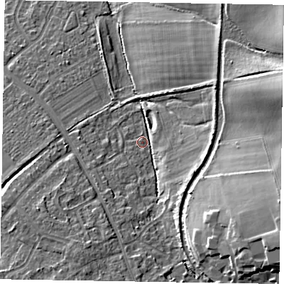 Shaded relief map of the ground around HP226RU, computed from Environment Agency LiDAR. The ground here sits at about 116 m above sea level and falls 17 m across the surrounding 800 m. Surface water reaching this point runs off ground lying to the south-east, 11.2 m higher.
