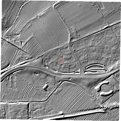 Shaded relief map of the ground around HP227AA, computed from Environment Agency LiDAR. The ground here sits at about 81 m above sea level and falls 6 m across the surrounding 800 m. Surface water reaching this point runs off ground lying to the north, 3.5 m higher.