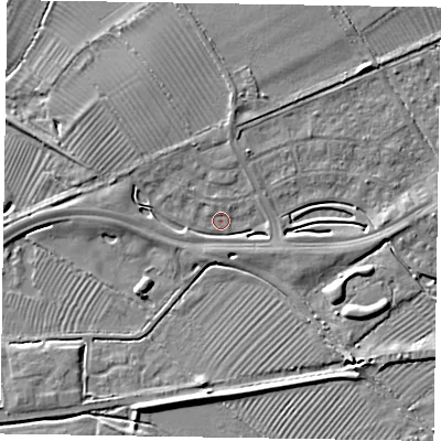Shaded relief map of the ground around HP227AD, computed from Environment Agency LiDAR. The ground here sits at about 81 m above sea level and falls 6 m across the surrounding 800 m. Surface water reaching this point runs off ground lying to the north-east, 5.5 m higher.