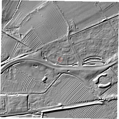 Shaded relief map of the ground around HP227AE, computed from Environment Agency LiDAR. The ground here sits at about 81 m above sea level and falls 6 m across the surrounding 800 m. Surface water reaching this point runs off ground lying to the west-south-west, 1.6 m higher.