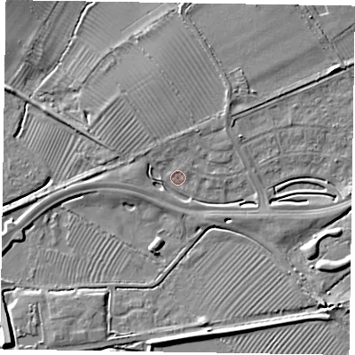 Shaded relief map of the ground around HP227AF, computed from Environment Agency LiDAR. The ground here sits at about 81 m above sea level and falls 6 m across the surrounding 800 m. Surface water reaching this point runs off ground lying to the west, 2.4 m higher.