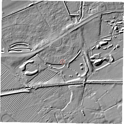 Shaded relief map of the ground around HP227BG, computed from Environment Agency LiDAR. The ground here sits at about 82 m above sea level and falls 6 m across the surrounding 800 m. Surface water reaching this point runs off ground lying to the south-east, 4.0 m higher.