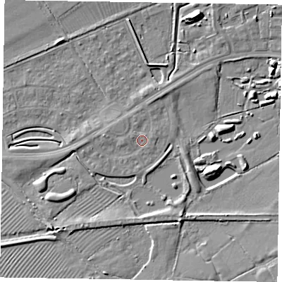 Shaded relief map of the ground around HP227BH, computed from Environment Agency LiDAR. The ground here sits at about 82 m above sea level and falls 10 m across the surrounding 800 m. Surface water reaching this point runs off ground lying to the west-north-west, 1.0 m higher.