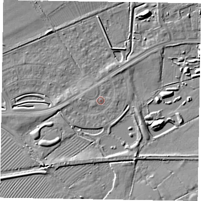 Shaded relief map of the ground around HP227BJ, computed from Environment Agency LiDAR. The ground here sits at about 83 m above sea level and falls 10 m across the surrounding 800 m. Surface water reaching this point runs off ground lying to the north-west, 1.0 m higher.